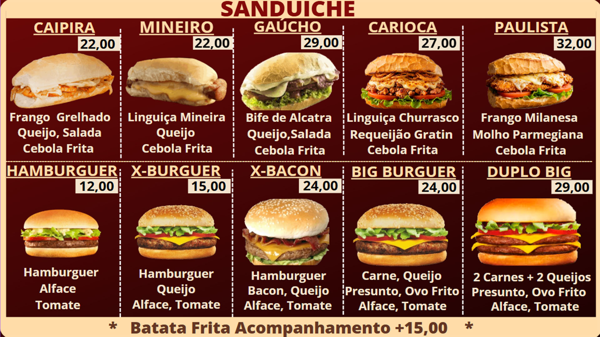 Cardápio de sanduíches do Café Cine